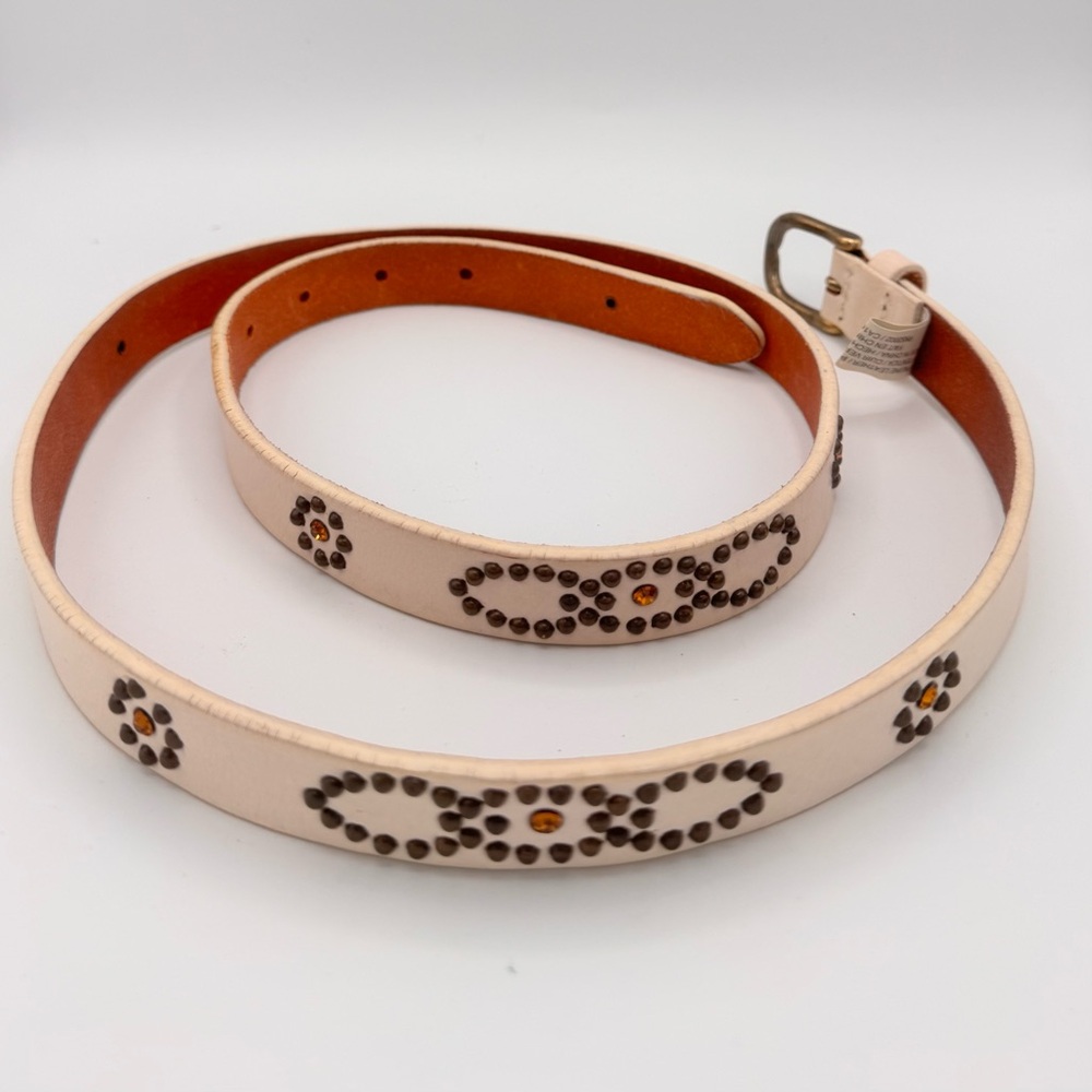 Vintage Cream Leather Studded Belt — 3/4” Narrow — Brass & Amber Jewel Accents